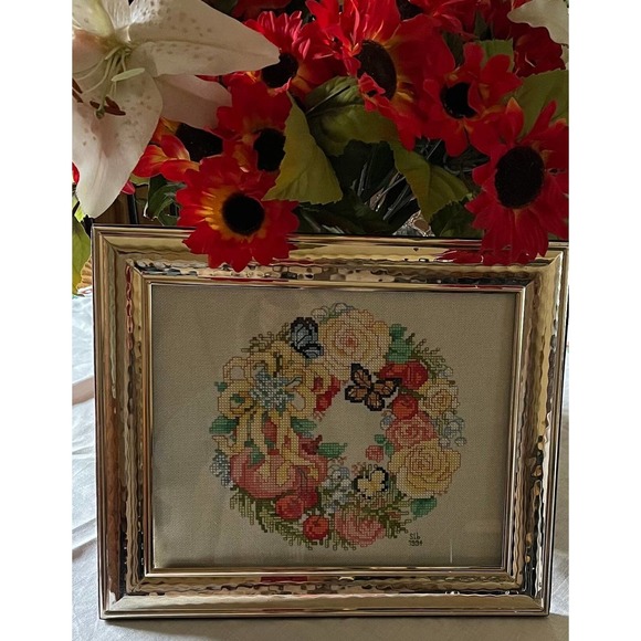 Vintage Handmade Butterfly Wreath Cross Stitch Gold Framed Wall/Stand Decor - Picture 4 of 9